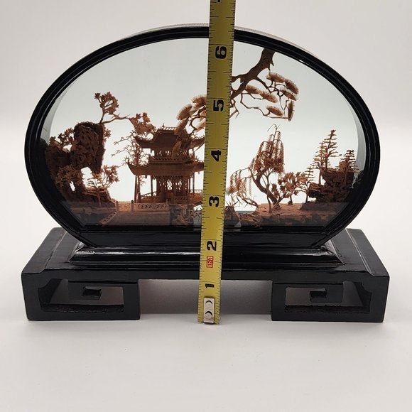 Vtg. Chinese SAN YOU Diorama Cork Carving Glass Case Pagoda Trees & Cranes 6.5"H - Picture 9 of 11